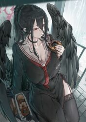 Rule 34 | 1girl, absurdres, black choker, black hair, black shirt, black skirt, black wings, blue archive, blush, breasts, choker, cleavage, commentary request, doughnut, eating, feathered wings, food, hair between eyes, halo, hasumi (blue archive), highres, large breasts, long hair, low wings, marse (rokudaime), mole, mole under eye, ponytail, red eyes, shirt, skirt, solo, uniform, wings
