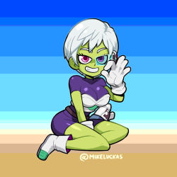 Rule 34 | 1girl, bodysuit, boots, breasts, cheelai, cleavage, colored skin, dragon ball, dragon ball super, dragon ball super broly, full body, gloves, green-tinted eyewear, green skin, hand up, medium breasts, mike luckas, ok sign, parted lips, purple bodysuit, purple eyes, scouter, short hair, short sleeves, smile, solo, tinted eyewear, white footwear, white gloves, white hair