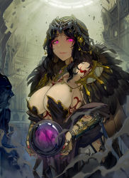 Rule 34 | 1girl, black dress, black hair, breasts, cleavage, crystal ball, dress, female focus, gauntlets, glowing, glowing eyes, jewelry, large breasts, original, pink eyes, revealing clothes, ring, solo, strapless, strapless dress, tiara, tribal, walzrj