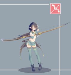 Rule 34 | 1girl, aiming, aiming at viewer, arrow (projectile), belt pouch, black footwear, black hair, blue eyes, blue shirt, blue skirt, blue thighhighs, bow (weapon), bra, cape, collared shirt, drawing bow, full body, grey background, hair ornament, hair over one eye, hairclip, highleg, highleg panties, highres, holding, holding bow (weapon), holding weapon, kearful, midriff, miniskirt, navel, original, panties, platform footwear, platform heels, pointy ears, potion, pouch, shirt, short hair, side slit, simple background, skirt, smile, thighhighs, underwear, weapon