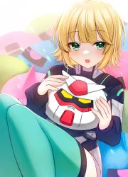 Rule 34 | 1girl, :d, black shirt, blonde hair, commentary request, feet out of frame, green eyes, grey shorts, gundam, hands up, highres, holding, holding stuffed toy, hoshimiya aki, knees up, long sleeves, looking at viewer, official art, open mouth, puffy long sleeves, puffy sleeves, rx-78-2, shirt, short shorts, shorts, smile, solo, stuffed toy, thighhighs