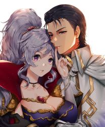 Rule 34 | 1boy, 1girl, black hair, breasts, choker, cleavage, commission, commissioner upload, couple, finger to mouth, fire emblem, fire emblem: genealogy of the holy war, fire emblem heroes, hair ornament, hetero, highres, ishtar (fire emblem), jewelry, large breasts, long hair, looking at viewer, nintendo, official alternate costume, ponytail, purple eyes, reinhardt (fire emblem), upper body, wani (fadgrith)