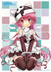 Rule 34 | 1girl, absurdres, black thighhighs, checkered background, copyright request, cuteg, detached sleeves, dress, hat, highres, mini wings, pink eyes, pink hair, sitting, thighhighs, wariza, white wings, wings, zettai ryouiki