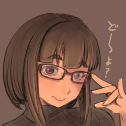 Rule 34 | 1girl, bespectacled, blush, brown eyes, brown hair, commentary request, dress, eyebrows, glasses, original, red-framed eyewear, ribbed dress, sashizume soutarou, short hair, solo, sweater, sweater dress, turtleneck
