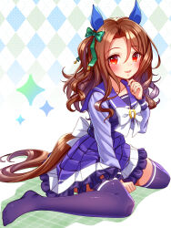 Rule 34 | 1girl, animal ears, back bow, blue thighhighs, bow, bowtie, brown hair, commentary, ear covers, green bow, hair bow, highres, horse ears, horse girl, horse tail, horseshoe ornament, king halo (umamusume), long hair, long sleeves, looking at viewer, miniskirt, open mouth, pleated skirt, purple sailor collar, purple shirt, purple skirt, red eyes, sailor collar, school uniform, shirt, sitting, skirt, smile, solo, sugimotty nova, tail, thighhighs, tracen school uniform, umamusume, wariza, white bow, white bowtie