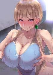 Rule 34 | 1girl, :q, andou you, blonde hair, blue one-piece swimsuit, blush, breast hold, breasts, cleavage, competition swimsuit, covered erect nipples, grabbing own breast, huge breasts, long hair, looking at viewer, low twintails, one-piece swimsuit, original, purple eyes, smile, solo, swimsuit, tongue, tongue out, twintails, wet