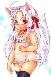 Rule 34 | 1girl, animal ears, bell, neck bell, cat ears, cat tail, collar, hair ribbon, highres, jingle bell, long hair, one-piece swimsuit, original, red eyes, ribbon, school swimsuit, shira (kunseitamago), solo, swimsuit, tail, thighhighs, traditional media, white school swimsuit, white one-piece swimsuit