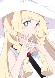 Rule 34 | 1girl, blonde hair, blush, braid, commentary, creatures (company), fingernails, game freak, green eyes, hat, ixy, lillie (pokemon), long hair, looking at viewer, nintendo, pokemon, pokemon sm, simple background, solo, twin braids, upper body, white background, white hat