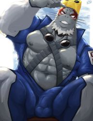 Rule 34 | 1boy, abs, bara, bare pectorals, beard, blue male swimwear, blush, bodysuit, boku no hero academia, bulge, chest harness, diving suit, erection, erection under clothes, facial hair, feet out of frame, fins, fish boy, furry, furry male, goggles, goggles on headwear, harness, highres, large pectorals, leaning to the side, looking at viewer, male focus, male swimwear, mature male, muscular, muscular male, naruever, navel, nipples, open clothes, pectorals, selkie (boku no hero academia), sitting, solo, stomach, swim briefs, wetsuit, whiskers
