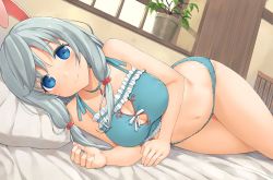 Rule 34 | 10s, 1girl, animal ears, arifureta shokugyou de sekai saikyou, bare arms, bare shoulders, bed, blue bra, blue choker, blue eyes, blue hair, blue panties, blush, bra, breasts, chair, choker, cleavage, cleavage cutout, closed mouth, clothing cutout, day, frilled bra, frills, hair ornament, highres, indoors, jewelry, large breasts, lingerie, long hair, looking at viewer, lying, nail polish, navel, on bed, on side, panties, pillow, pink nails, plant, potted plant, rabbit ears, ribbon, shea haulia, smile, solo, stomach, takayaki, tareme, thighs, underwear, underwear only, white ribbon, window