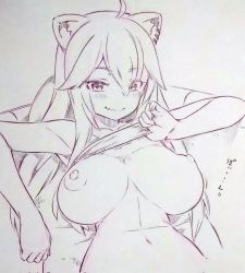 Rule 34 | 1girl, ahoge, animal ears, bottomless, breasts, clothes lift, commentary request, corrupted twitter file, eyes visible through hair, hair between eyes, highres, hololive, large breasts, lifting own clothes, lion ears, lion girl, long hair, looking at viewer, lying, monochrome, navel, nipples, on back, shirt lift, shishiro botan, solo, traditional media, tsukareta san, virtual youtuber