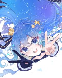 Rule 34 | 1girl, aries (constellation), black gloves, blue eyes, blue hair, blush, bow, brooch, cleavage cutout, clothing cutout, comet, commentary, commentary request, constellation, crown, dot nose, double v, earrings, eyelashes, from above, gloves, hair bow, hair ornament, highres, hololive, hoshimachi suisei, hoshimachi suisei (stellar into the galaxy), idol clothes, jewelry, juliet sleeves, lipgloss, long hair, long sleeves, mini crown, mismatched earrings, official alternate costume, pale skin, pinstripe pattern, puffy sleeves, quilted clothes, shrug (clothing), simple background, single glove, solo, star (sky), star (symbol), star hair ornament, star in eye, striped, symbol in eye, teeth, upper teeth only, v, vi8xrl0p9h2wydw, virtual youtuber, white background