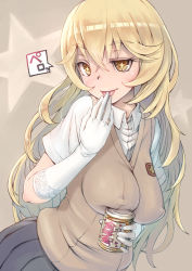 Rule 34 | + +, 1girl, bad id, bad pixiv id, blonde hair, breast rest, breasts, brown background, elbow gloves, covered erect nipples, licking finger, gloves, highres, honey, impossible clothes, jar, large breasts, licking, long hair, looking at viewer, naughty face, nucomas, pleated skirt, plump, school uniform, shokuhou misaki, short sleeves, skirt, solo, spider web print, star (symbol), sweater vest, symbol-shaped pupils, toaru kagaku no railgun, toaru majutsu no index, translated, white gloves, yellow eyes
