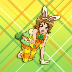 Rule 34 | 1girl, :d, all fours, animal ears, brown eyes, brown hair, fake animal ears, fake tail, full body, gloves, gradient background, green background, green skirt, hairband, happinesscharge precure!, looking at viewer, miniskirt, nita (onakatohoppe), oomori yuuko, open mouth, orange neckwear, pantyhose, precure, rabbit ears, rabbit tail, short hair, skirt, sleeveless, smile, solo, striped clothes, striped pantyhose, tail, white gloves, white hairband, yellow background