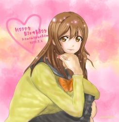 Rule 34 | 1girl, artist name, artist request, blush, bow, bowtie, breasts, brown eyes, brown hair, buttons, cardigan, collarbone, dated, eyebrows, female focus, grey sailor collar, grey skirt, hair between eyes, hair over shoulder, heart, heart print, kneeling, kunikida hanamaru, layered skirt, light brown hair, long hair, long sleeves, looking at viewer, love live!, love live! sunshine!!, miniskirt, nail, nail polish, orange bow, parted lips, pink background, pink lips, pink nails, plaid, plaid skirt, pleated, pleated skirt, sailor collar, school uniform, skirt, sleeves past wrists, small breasts, smile, solo, sparkle, squatting, sweater, uranohoshi school uniform, yellow cardigan, yellow eyes, yellow sweater