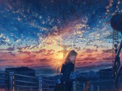 Rule 34 | 1girl, bag, blonde hair, building, city, cloud, cloudy sky, dog, fence, highres, kenzo 093, long hair, looking at viewer, original, outdoors, road, road sign, scenery, shopping bag, sign, sky, star (sky), starry sky, street, sunset, transmission tower, yellow eyes