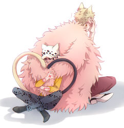 Rule 34 | 2boys, absurdres, animal ears, arm tattoo, back, black hair, blonde hair, blush, cat boy, cat ears, cat tail, cheese neko3, denim, donquixote doflamingo, feather coat, hand tattoo, hat, heart, heart tail, height difference, highres, hood, hoodie, jeans, male focus, multiple boys, one piece, pants, shoes, short hair, sitting, size difference, sunglasses, tail, tattoo, trafalgar law, yaoi, yellow hoodie