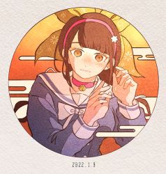 Rule 34 | 1girl, blunt bangs, blush, breasts, brown background, brown eyes, buttons, chabashira tenko, choker, commentary request, danganronpa (series), danganronpa v3: killing harmony, dated, gradient background, grey background, hair ornament, highres, kiri (2htkz), large breasts, long hair, long sleeves, neck bell, parted lips, pink choker, ribbon, round image, sailor collar, solo, star (symbol), star hair ornament, teeth, twintails, upper body