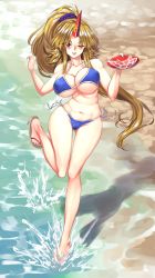Rule 34 | 1girl, absurdres, alternate hairstyle, beach, bikini, blonde hair, blue bikini, breasts, closed mouth, cup, full body, highres, holding, holding cup, horns, hoshiguma yuugi, large breasts, long hair, looking at viewer, navel, one eye closed, oni horns, outdoors, ponytail, purple scrunchie, red eyes, red horns, sakazuki, sandals, scrunchie, single horn, smile, solo, standing, standing on one leg, sunnysideup, swimsuit, tongue, tongue out, touhou