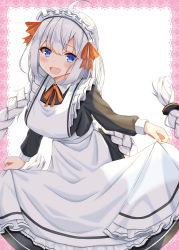 Rule 34 | 1girl, :d, ahoge, alternate costume, apron, blue eyes, blush, braid, divergenceok, enmaided, highres, kizuna akari, long hair, long sleeves, looking at viewer, low twin braids, low twintails, maid, maid day, maid headdress, neck ribbon, open mouth, orange ribbon, ribbon, skirt hold, smile, solo, twin braids, twintails, very long hair, vocaloid, voiceroid, white background, white hair