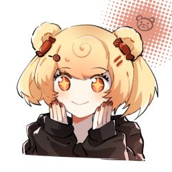 Rule 34 | + +, 1girl, alternate costume, animal ears, arknights, bear ears, black sweater, blonde hair, blush, candy hair ornament, chinese commentary, closed mouth, commentary request, cropped torso, food-themed hair ornament, gummy (arknights), hair ornament, hands on own cheeks, hands on own face, highres, long sleeves, nail polish, red eyes, red nails, short hair, smile, solo, sparkling eyes, sweater, two-tone background, upper body, yizhiasha