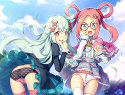 Rule 34 | 2girls, :d, :o, ass, blue eyes, blue sky, blush, bow, bow panties, cameltoe, capelet, center frills, chima q, clothes lift, cloud, commentary request, commission, cross print, day, eyes visible through hair, eyewear visible through hair, frilled capelet, frills, glasses, hair ornament, hair rings, hairclip, highres, juliet sleeves, leaning forward, light green hair, long hair, long sleeves, looking at viewer, multiple girls, open mouth, original, outdoors, panties, parted bangs, pink capelet, pink hair, pink legwear, pink panties, plaid, plaid skirt, print panties, puffy sleeves, red-framed eyewear, red eyes, round eyewear, shirt, skeb commission, skirt, skirt lift, sky, smile, striped clothes, striped thighhighs, suspender skirt, suspenders, symbol-shaped pupils, thigh gap, thighhighs, twintails, underwear, vertical-striped clothes, vertical-striped thighhighs, very long hair, white legwear, white shirt, wind, wind lift, x-shaped pupils, x hair ornament