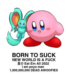 Rule 34 | animal ears, blue eyes, blush stickers, born to die world is a fuck (meme), drawfag, elfilin, kirby, kirby (series), kirby and the forgotten land, looking at viewer, meme, mouse ears, nintendo, no humans, profanity, simple background, smile, standing, tail