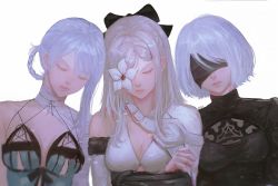 Rule 34 | 3girls, bandaged arm, bandaged neck, bandages, black bow, blindfold, bow, breasts, cleavage, cleavage cutout, closed eyes, clothing cutout, crossed arms, drag-on dragoon, drag-on dragoon 3, flower, flower over eye, grey background, hair between eyes, hair bow, highres, in-franchise crossover, kaine (nier), leaning on person, multiple girls, nier:automata, nier (series), short hair, silver hair, simple background, time paradox, upper body, 2b (nier:automata), zemzk, zero (drag-on dragoon)