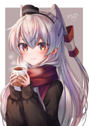 Rule 34 | 1girl, amatsukaze (kancolle), brown background, coffee cup, cup, dated, disposable cup, grey hair, hair tubes, hat, highres, jacket, kantai collection, long hair, makina00, mini hat, red scarf, scarf, signature, smokestack hair ornament, solo, two side up, upper body, white background, white hair