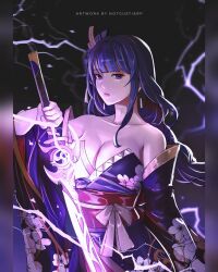 1girl bare_shoulders blunt_bangs breasts cleavage collarbone commentary floral_print genshin_impact highres holding holding_sword holding_weapon japanese_clothes kimono long_hair looking_at_viewer mistsplitter_reforged_(genshin_impact) mole mole_under_eye notgustiarp obi purple_eyes purple_hair raiden_shogun red_sash sash solo sword weapon