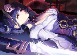 Rule 34 | 1girl, absurdres, breasts, cleavage, closed mouth, genshin impact, highres, holding, holding sword, holding weapon, japanese clothes, kimono, large breasts, long hair, long sleeves, looking at viewer, lying, nail polish, nushibautiful, obi, purple eyes, purple hair, purple kimono, purple nails, raiden shogun, sash, solo, sword, tassel, upper body, weapon
