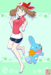 Rule 34 | 1girl, absurdres, bandana, bike shorts, blouse, blue eyes, blush, breasts, brown eyes, brown hair, character cutout, creatures (company), feet, female focus, full body, game freak, gen 3 pokemon, green background, hair between eyes, hands up, hat, highres, jacket, looking at viewer, may (pokemon), medium breasts, mudkip, nintendo, open mouth, outline, poke ball symbol, pokemon, pokemon (creature), pokemon rse, red hat, red jacket, red shirt, shirt, short shorts, short sleeves, shorts, simple background, smile, standing, standing on one leg, tail, tax2rin, text focus, translation request, white shirt