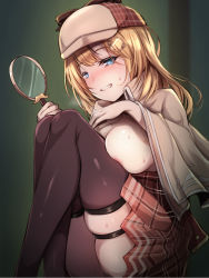 Rule 34 | 1girl, blonde hair, blue eyes, blush, breasts, capelet, deerstalker, detective, grin, hair ornament, hat, high-waist skirt, highres, holding, holding magnifying glass, hololive, hololive english, magnifying glass, medium breasts, medium hair, no shirt, plaid, plaid skirt, shimo (depthbomb), sitting, skindentation, skirt, smile, solo, sweat, thighhighs, virtual youtuber, watson amelia, watson amelia (1st costume), zettai ryouiki