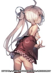 Rule 34 | 10s, 1girl, ahoge, anus, artist name, asashimo (kancolle), ass, breasts, commentary request, cowboy shot, from behind, grey eyes, grin, hair over one eye, happi, japanese clothes, kantai collection, legs apart, long hair, looking at viewer, looking back, nipples, off shoulder, parted lips, patreon username, ponytail, pussy, redcomet, sarashi, silver hair, simple background, small breasts, smile, solo, standing, tan, tanline, uncensored, watermark, web address, white background