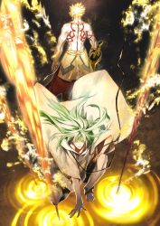 Rule 34 | back-to-back, barefoot, blonde hair, chain, ea (fate/stay night), enkidu (fate), fate/grand order, fate (series), gilgamesh (fate), green hair, highres, jewelry, long hair, miwa shirow, necklace, on one knee, topless male, tattoo