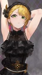 Rule 34 | 1girl, :o, armpits, arms up, asymmetrical bangs, black dress, black headwear, blonde hair, braid, braided bangs, checkered background, cleavage, collared dress, dress, earrings, green eyes, highres, idolmaster, idolmaster cinderella girls, inumantle, jewelry, lace, lace-trimmed dress, lace trim, looking at viewer, miyamoto frederica, see-through, see-through cleavage, sleeveless, sleeveless dress, solo, upper body