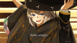 Rule 34 | blue eyes, fx-05 (girls&#039; frontline), girls&#039; frontline, grey hair, hat, highres, holding, holding clothes, holding hat, kion-kun, looking at viewer, metal gear (series), metal gear rising: revengeance, open mouth, parody, sarape, solo, sombrero, spanish text