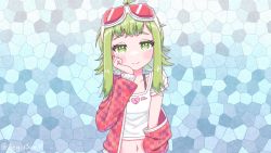 Rule 34 | 1girl, aegissanp, ahoge, blush stickers, broken heart, flipped hair, goggles, goggles on head, green eyes, green hair, gumi, hand on own cheek, hand on own face, heart, heart print, highres, jacket, long sleeves, looking at viewer, midriff, navel, off shoulder, shirt, short hair with long locks, short sleeves, smile, solo, t-shirt, thick eyebrows, vocaloid