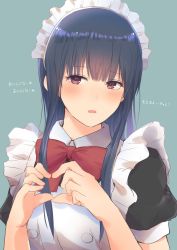 Rule 34 | 14sai bishoujo (shoutarou), apron, black dress, blue hair, blush, bow, bowtie, collared dress, dress, embarrassed, frilled dress, frills, green background, hands up, heart, heart hands, hibike! euphonium, highres, liz to aoi tori, long hair, looking at viewer, maid, maid apron, maid headdress, parted lips, red bow, red bowtie, red eyes, simple background, translation request, white apron, yoroizuka mizore