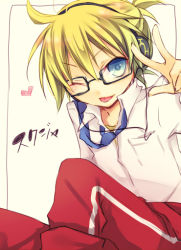 Rule 34 | 1boy, blonde hair, blue eyes, glasses, kagamine len, kuroi (liar-player), male focus, one eye closed, project diva (series), project diva 2nd, short hair, solo, vocaloid, wink