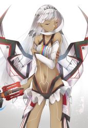 Rule 34 | 1girl, altera (fate), ashino, bare hips, bare shoulders, breasts, choker, closed mouth, collarbone, commentary request, dark-skinned female, dark skin, detached sleeves, closed eyes, fate/grand order, fate (series), feet out of frame, full-body tattoo, headdress, highres, holding, holding weapon, jewelry, midriff, navel, photon ray (fate), pubic tattoo, revealing clothes, short hair, showgirl skirt, simple background, skirt, small breasts, solo, stomach tattoo, sword, tan, tattoo, thighs, veil, weapon, white background