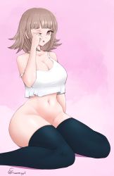 Rule 34 | 1girl, black thighhighs, blunt bangs, bottomless, breasts, brown hair, cleavage, curvy, danganronpa (series), fraankyy, highres, large breasts, looking at viewer, messy hair, nanami chiaki, navel, open mouth, pink eyes, rubbing eyes, short hair, sitting, solo, stomach, tank top, thick thighs, thighhighs, thighs