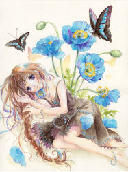 Rule 34 | 1girl, anklet, bad id, bad pixiv id, barefoot, blue eyes, bracelet, braid, brown hair, bug, butterfly, dress, face, flower, bug, jewelry, lying, on side, original, solo, toyoda izumi, traditional media
