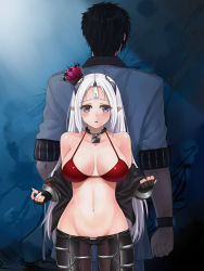 Rule 34 | 1boy, 1girl, back-to-back, bikini, bikini top only, blush, breasts, breasts apart, closers, collar, crown, groin, height difference, horns, jacket, large breasts, levia (closers), long hair, looking at viewer, lowleg, mini crown, navel, ofuda, open clothes, open jacket, pointy ears, purple eyes, red bikini, shaojiang, silver hair, single horn, swimsuit, trainer (closers)