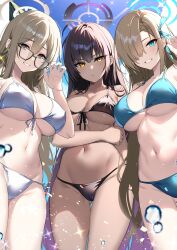Rule 34 | 3girls, akane (blue archive), alternate costume, aosaki yukina, asuna (blue archive), bare shoulders, bikini, black bikini, black hair, blue archive, blue bikini, blue eyes, blue ribbon, blue sky, blush, breasts, brown eyes, cleavage, collarbone, commentary request, dark-skinned female, dark skin, glasses, grin, hair between eyes, hair over one eye, hair ribbon, halo, highres, karin (blue archive), large breasts, light brown hair, long hair, looking at viewer, multiple girls, navel, ribbon, sideboob, sky, smile, sparkle, stomach, swimsuit, underboob, very long hair, water drop, white bikini, yellow eyes