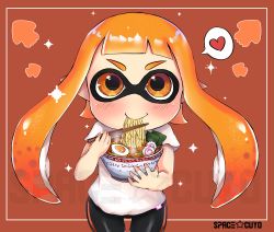Rule 34 | 1girl, absurdres, artist name, bike shorts, blush, brown background, child, closed mouth, domino mask, eating, food, happy, heart, highres, inkling player character, looking at viewer, mask, matching hair/eyes, nintendo, noodles, orange eyes, orange hair, pointy ears, ramen, shirt, sidelocks, smile, solo, space cuyo, speech bubble, splatoon (series), spoken heart, t-shirt, tentacle hair, watermark, white shirt