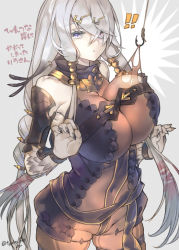 Rule 34 | !, !!, 1girl, atelier (series), atelier ryza, atelier ryza 1, black nails, bodysuit, breasts, covered navel, crossed bangs, eyes visible through hair, grey background, hair ornament, hair over one eye, hairclip, heterochromia, large breasts, lila decyrus, long hair, low twintails, nail polish, pale skin, purple eyes, red eyes, revealing clothes, silver hair, simple background, solo, tooka, torn bodysuit, torn clothes, translation request, twintails