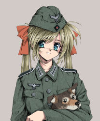 Rule 34 | 1girl, absurdres, blonde hair, blue eyes, bow, dog, eyelashes, green headwear, green jacket, grey background, grin, hair between eyes, hair bow, highres, jacket, long hair, long sleeves, longmei er de tuzi, looking at viewer, military, military uniform, original, red bow, simple background, smile, solo, twintails, uniform, upper body