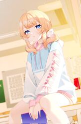 Rule 34 | 1girl, ahoge, between legs, blonde hair, blue eyes, blunt bangs, blurry, blurry background, blush, chromatic aberration, classroom, clenched teeth, commentary request, cowboy shot, desk, drawstring, hair ornament, hairclip, hand between legs, highres, hood, hood down, hoodie, long hair, low twintails, motosu towa, multicolored clothes, multicolored hoodie, oji (zeit ff5f00), on desk, parted lips, pink ribbon, ribbon, school desk, short twintails, shorts, sidelocks, sitting, sleeve ribbon, solo, teeth, twintails, wing hair ornament, world dai star, yellow shorts
