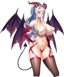 Rule 34 | 1girl, absurdres, alvinella, asymmetrical bangs, blush, breasts, bridal gauntlets, cropped legs, crystal earrings, demon girl, demon horns, demon tail, demon wings, derauea, earrings, hand on own hip, high ponytail, highres, horns, huge breasts, jewelry, long hair, motto! haramase! honoo no oppai isekai chou ero: succubus gakuen, multiple wings, navel, official art, photoshop (medium), red eyes, smile, solo, tail, thighhighs, transparent background, white hair, wings